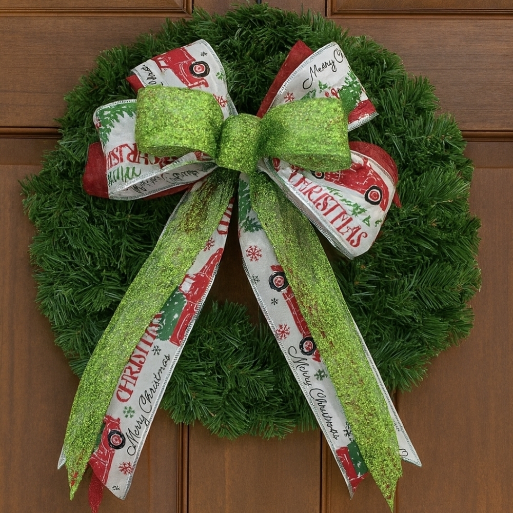 Handmade Holiday Bow – Red Truck & Glitter Ribbon for Wreath or Tree Topper